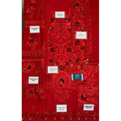 Sequence Work Red Embroidered 3-pc Dress