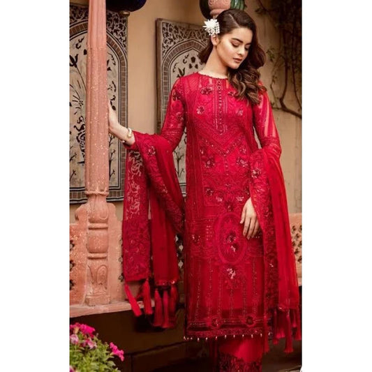 Sequence Work Red Embroidered 3-pc Dress